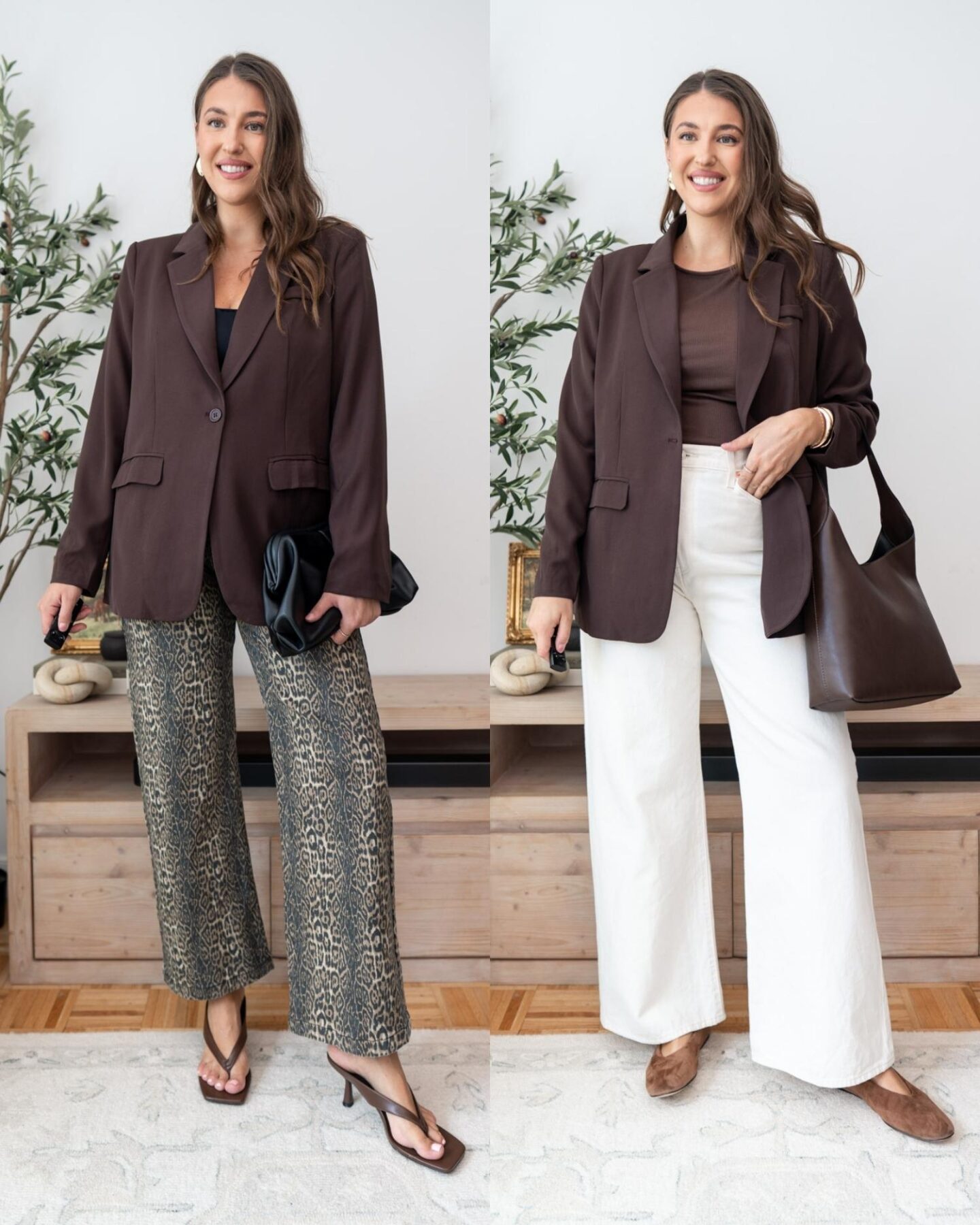 Oversized brown blazer styled two ways with wide-leg trousers and leopard pants