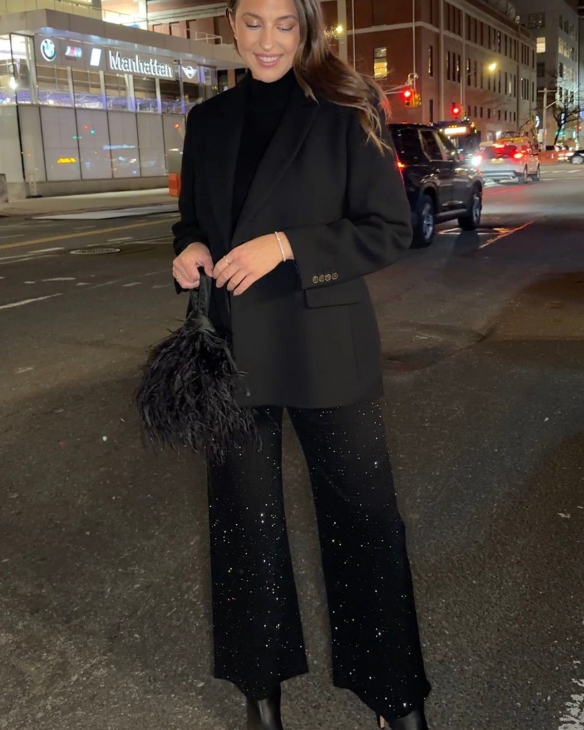 women on the street wearing rhinestone jeans