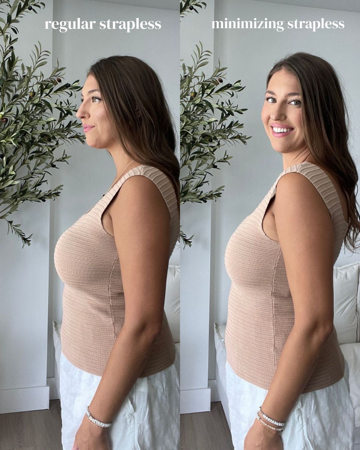 Comparison of regular strapless bra and minimizing bra showing a smoother silhouette under clothing