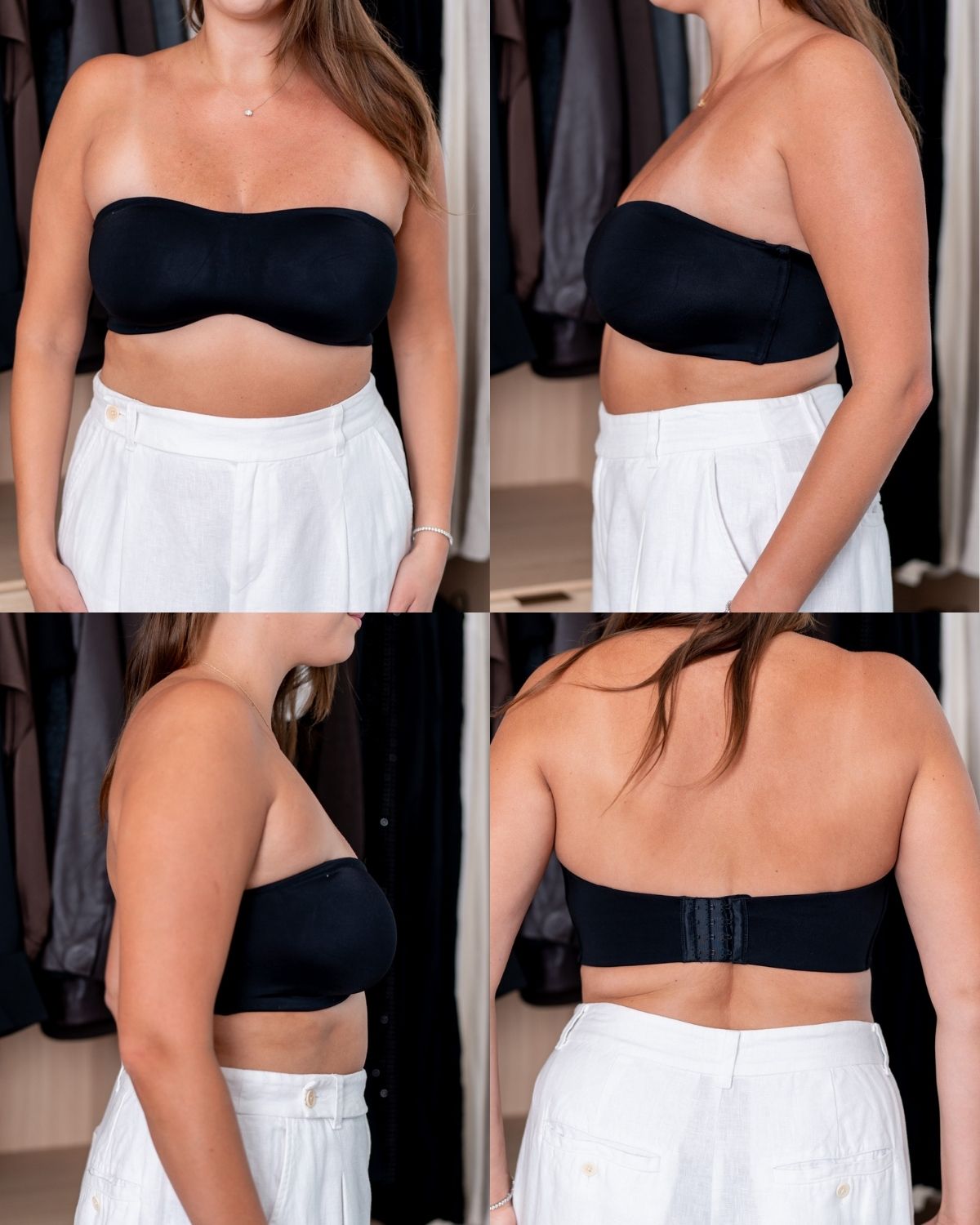 Front, side, and back views showing fit, band support, and smoothing through the back and sides