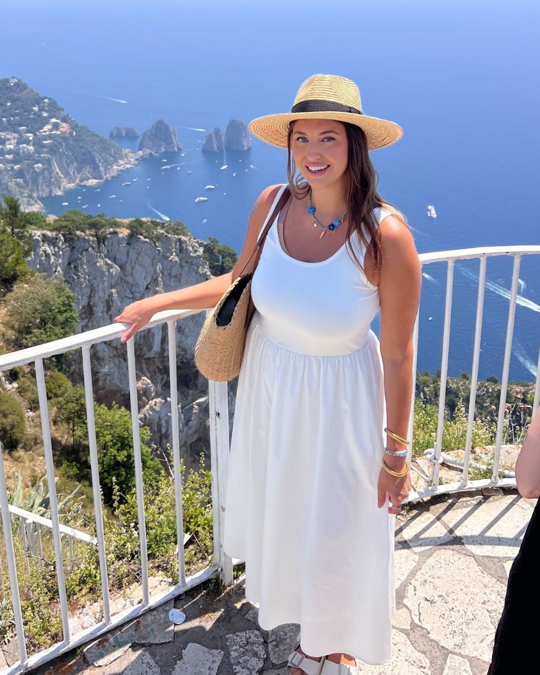 white dress capri day trip outfit