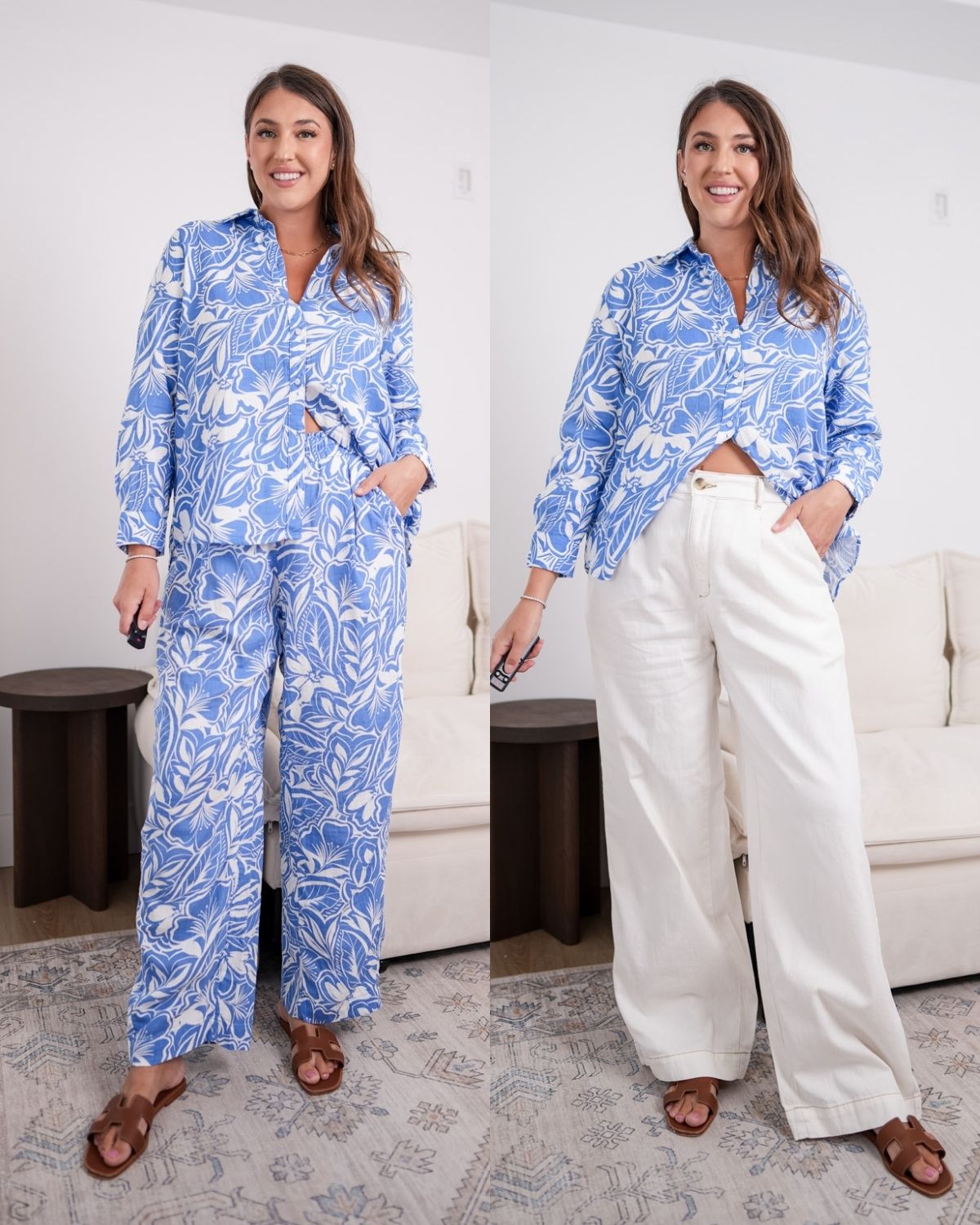 blue floral cotton gauze open back top lightweight summer outfit styled with wide leg pants