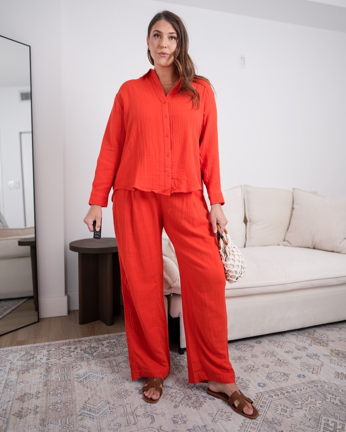 red cotton gauze barrel pants lightweight breathable summer outfit relaxed fit styling