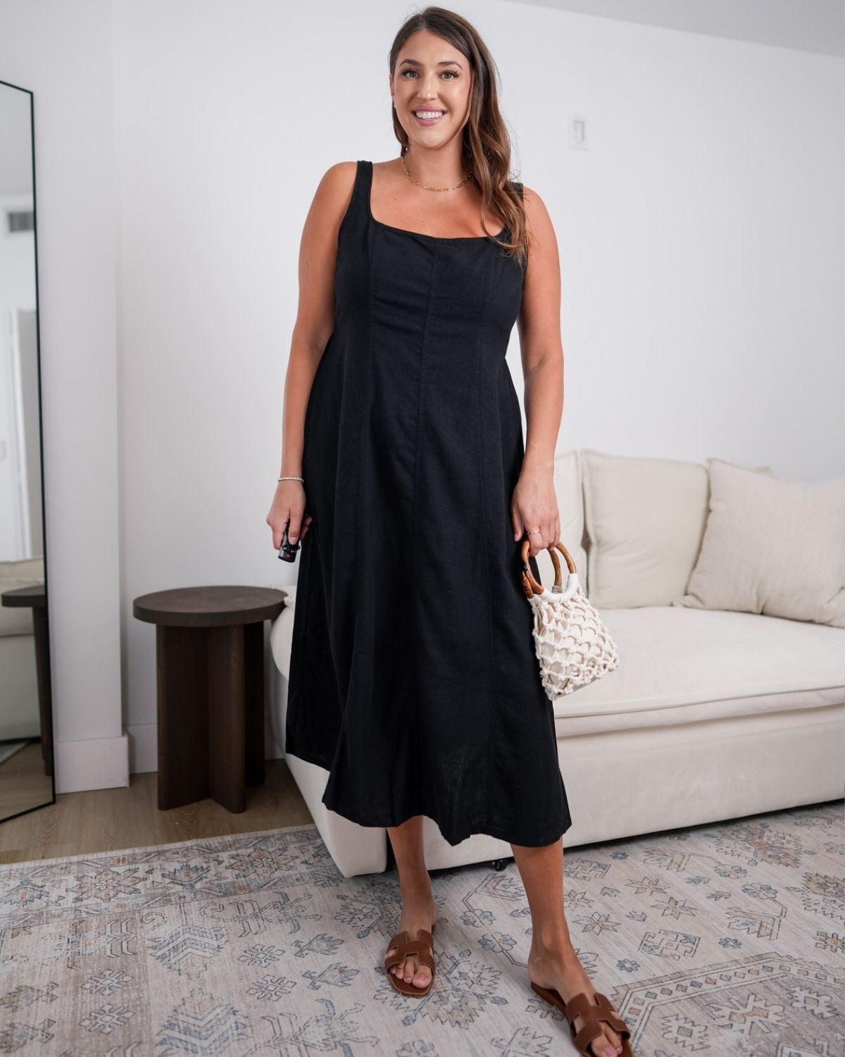 black linen blend midi dress casual summer outfit lightweight breathable fabric