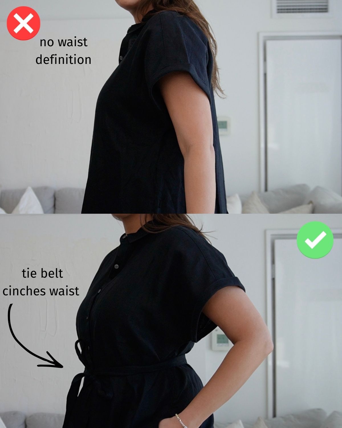Comparison showing dress without waist definition versus tied belt creating shape on fuller bust body type