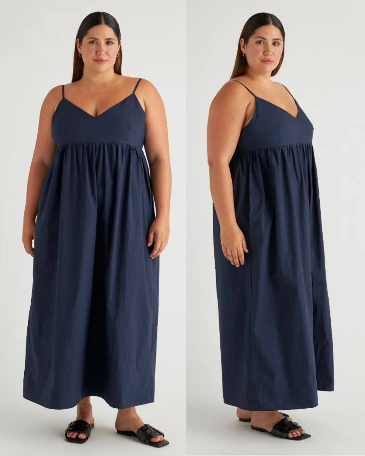 Woman with fuller bust wearing empire waist navy dress showing volume starting under bust