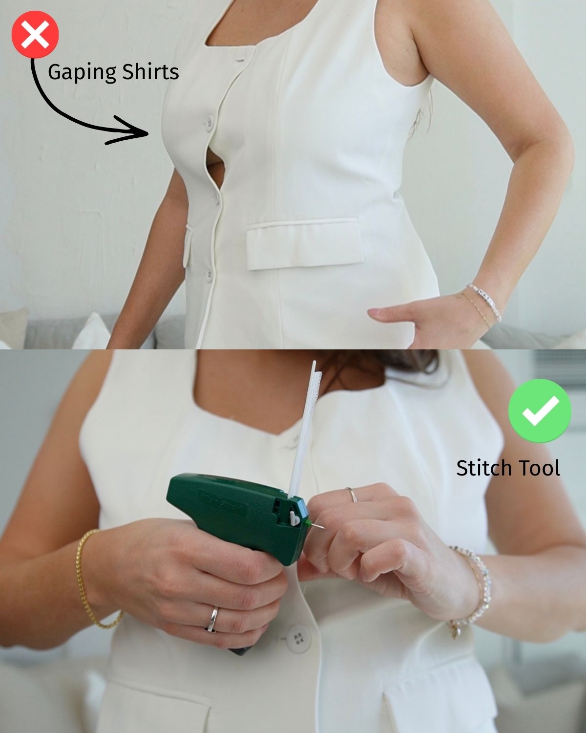 Button down shirt gaping at chest and garment stitch tool used to fix fit for larger bust