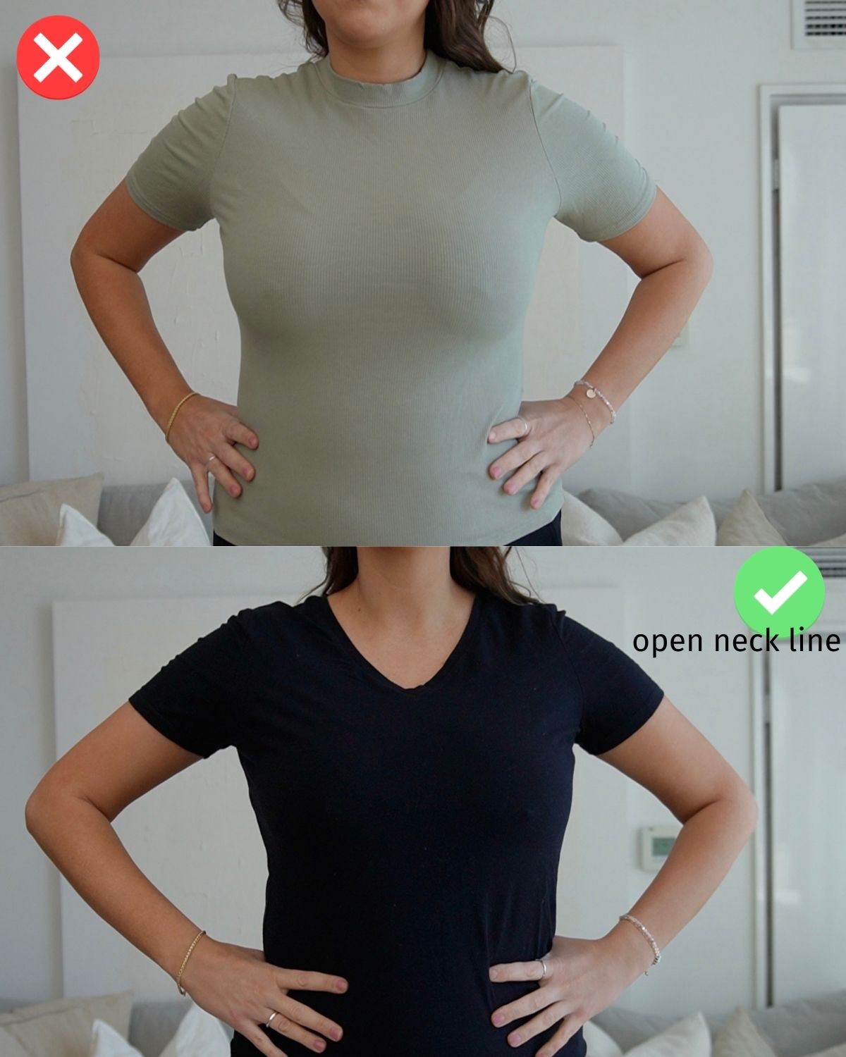 Comparison of high neckline versus V neck top on a fuller bust showing elongating effect of open neckline