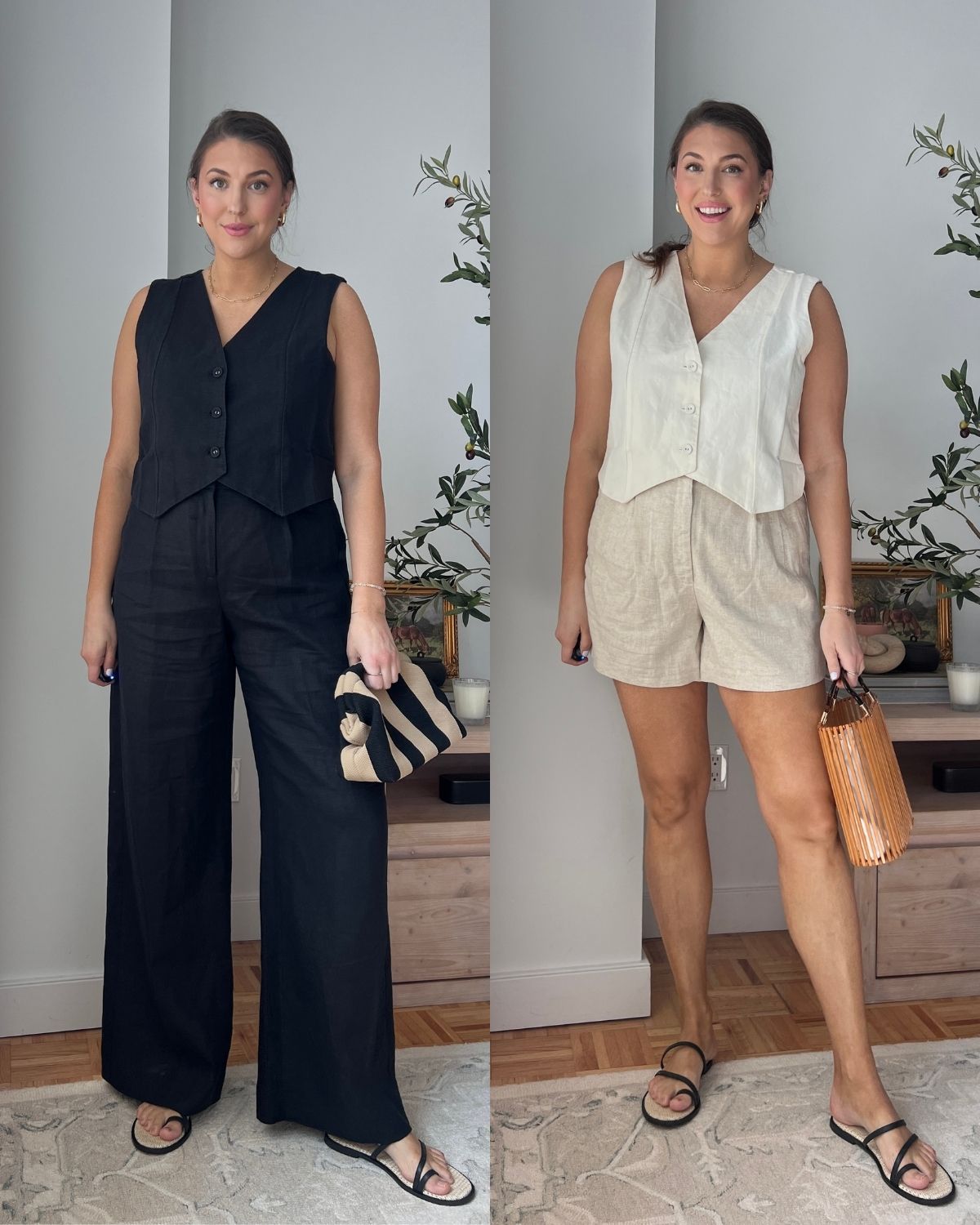 Outfit comparison showing darker top minimizing fuller bust and lighter outfit creating balanced proportions