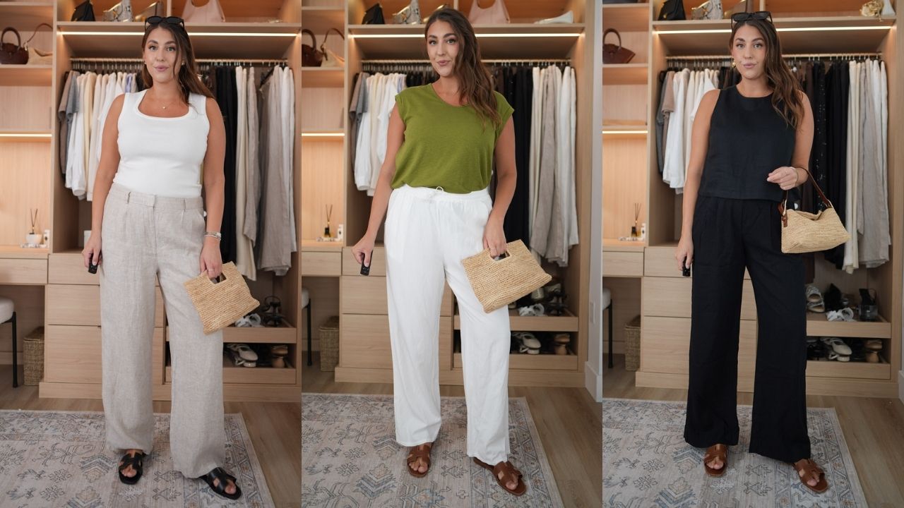 Classic Colored linen pants in white, flax, and black
