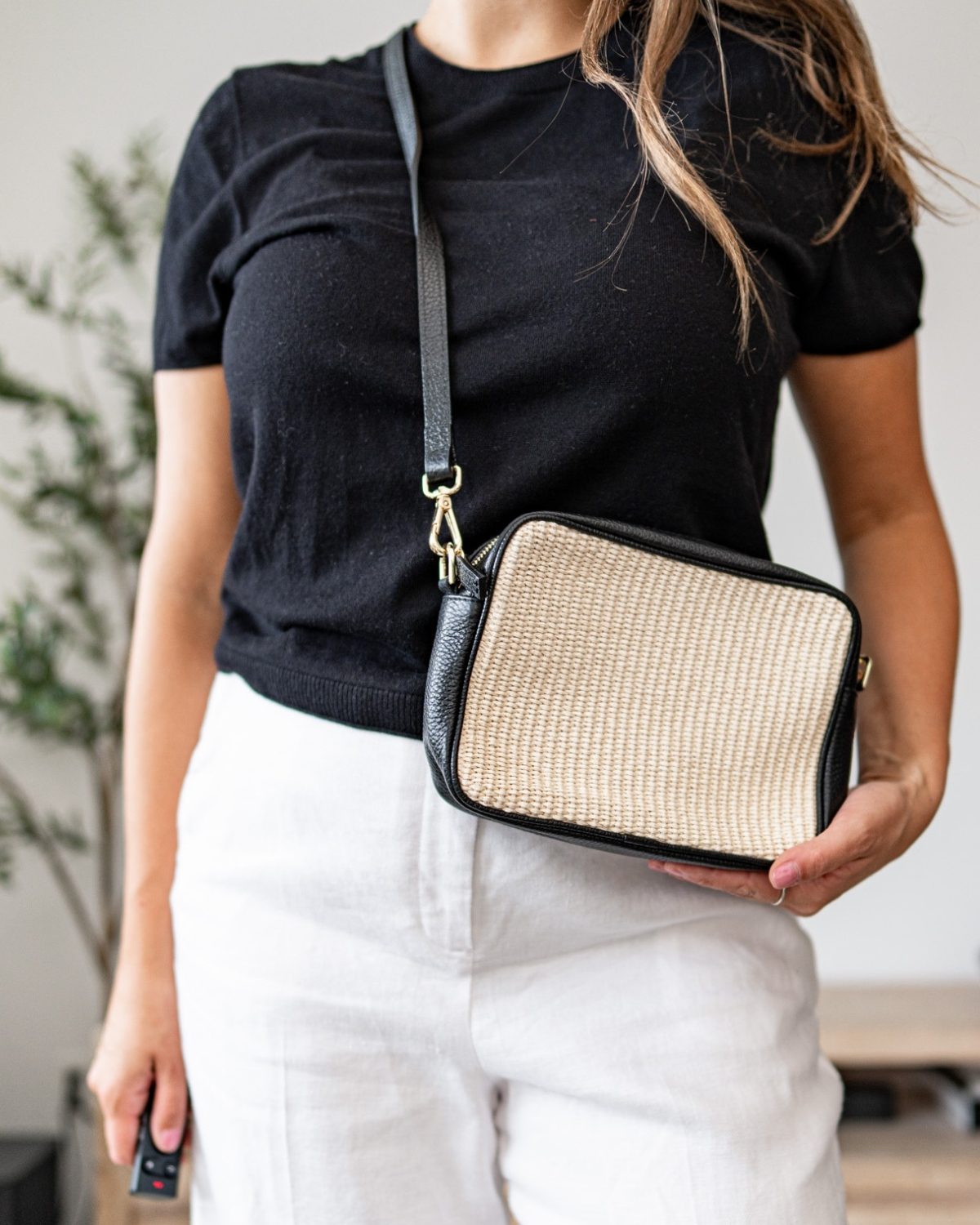 Quince Italian Leather & Raffia Crossbody Bag