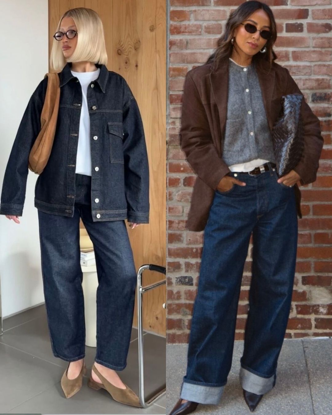 Dark wash denim jeans styled for fall