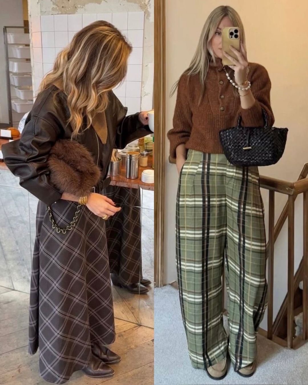 Plaid skirts and wide-leg pants styled for fall