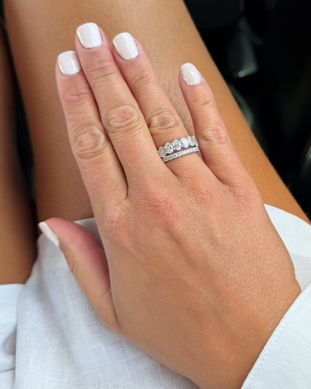 Quince lab grown diamond oval ring and pavé band stacked together
