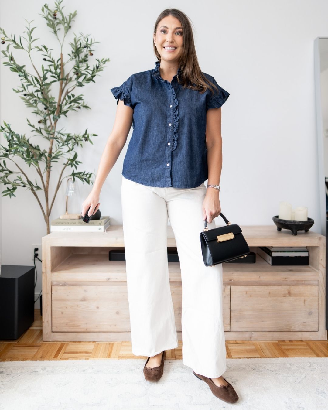 Rinse wash chambray ruffle top
