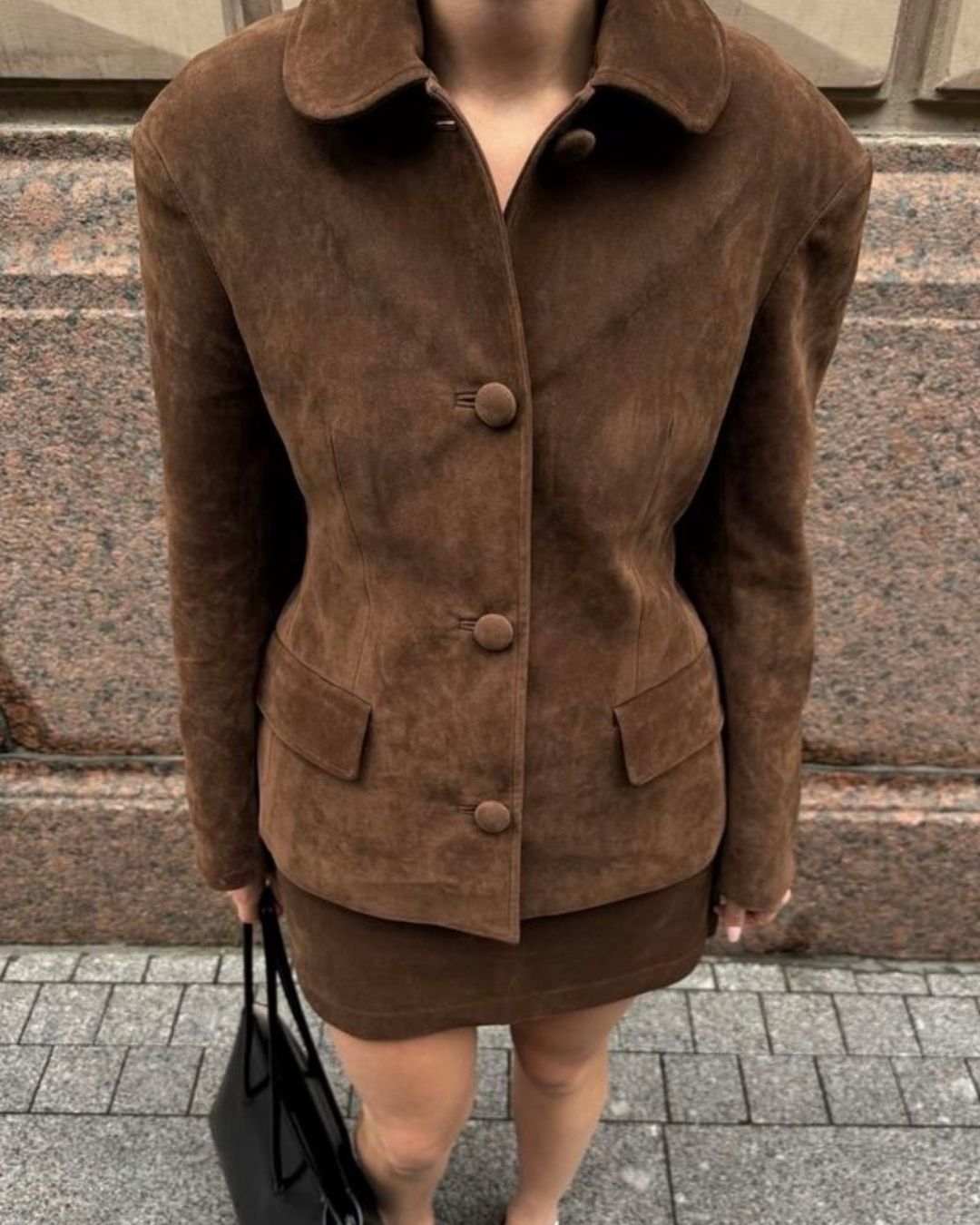 Brown suede handbag styled with a fall outfit