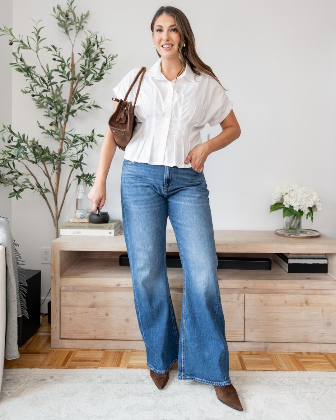 white pleated button-down shirt