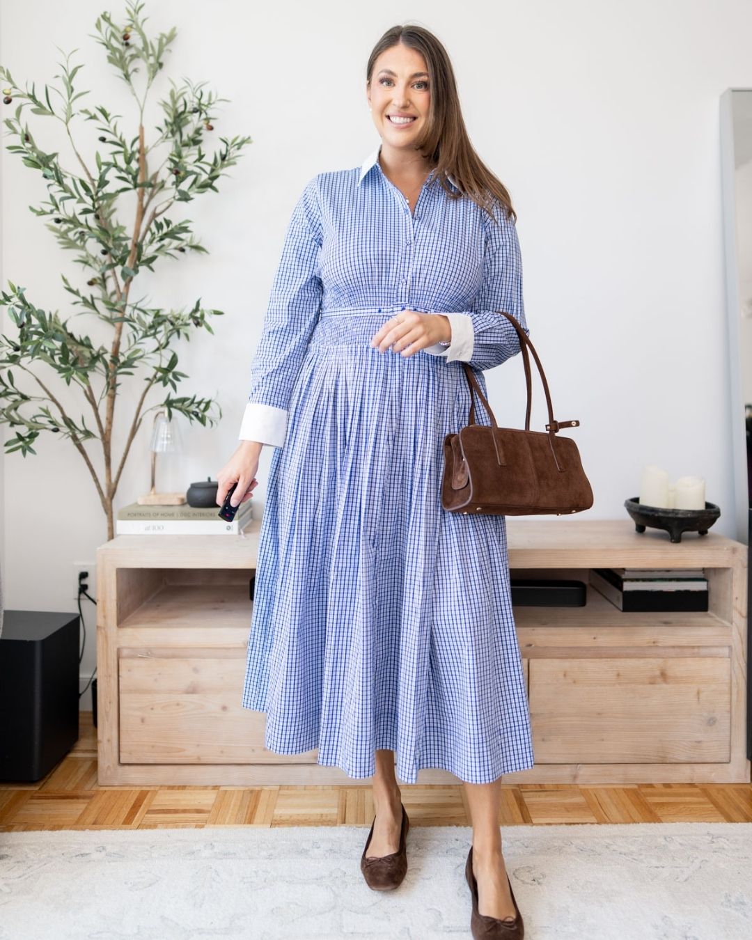 Indigo plaid collared midi dress