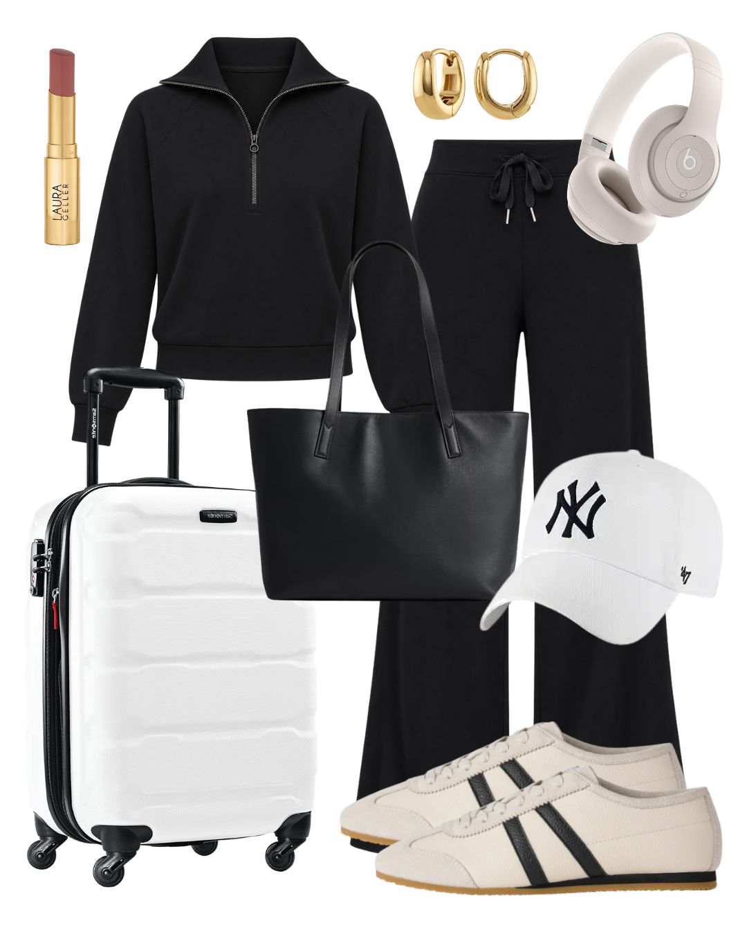 Black Spanx Air Essentials Half Zip and Wide Leg Pants styled with birch sneakers for travel