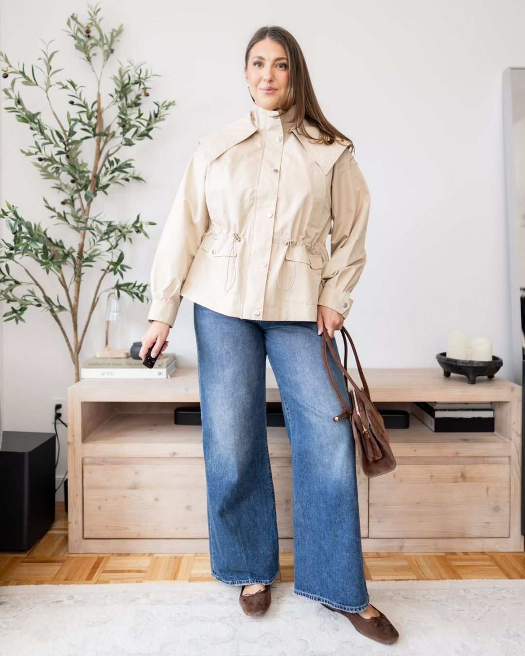 Tan cinched-waist trench jacket